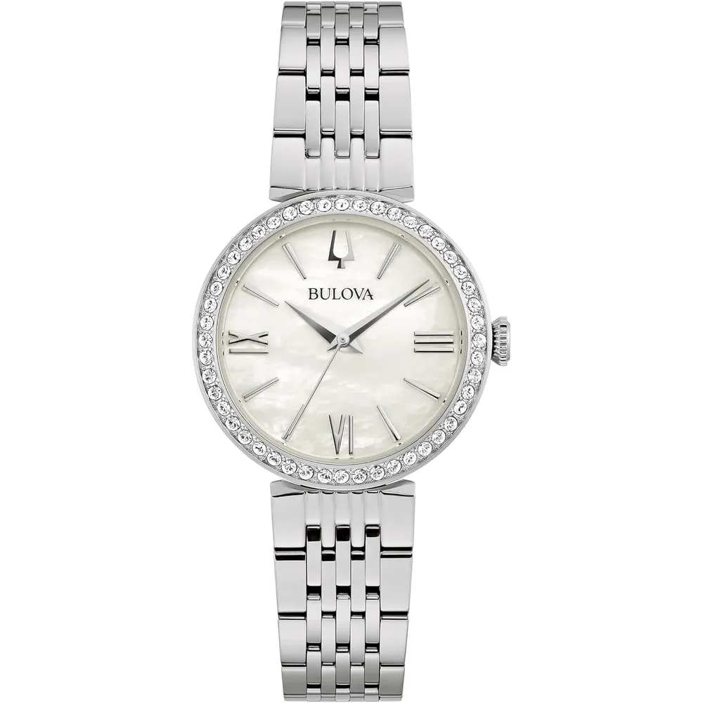 Bulova reloj clásico de mujer 3 agujas de cuarzo esfera de nácar con cristales | Plateado
