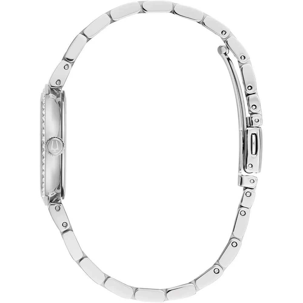 Bulova reloj clásico de mujer 3 agujas de cuarzo esfera de nácar con cristales | Plateado