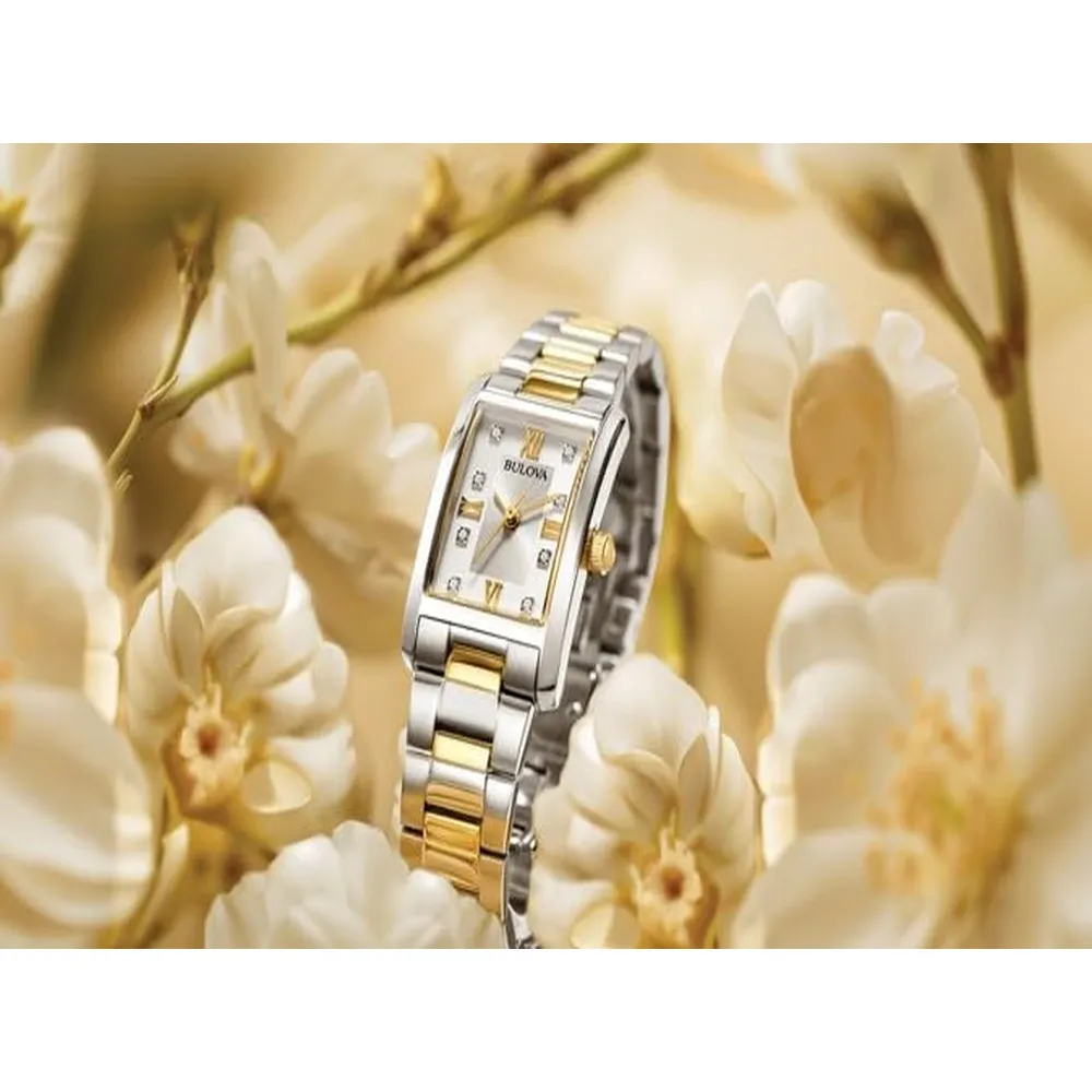 Bulova reloj clásico mujer cuarzo bicolor diamantes 3 agujas rectangular | Oro/Plata