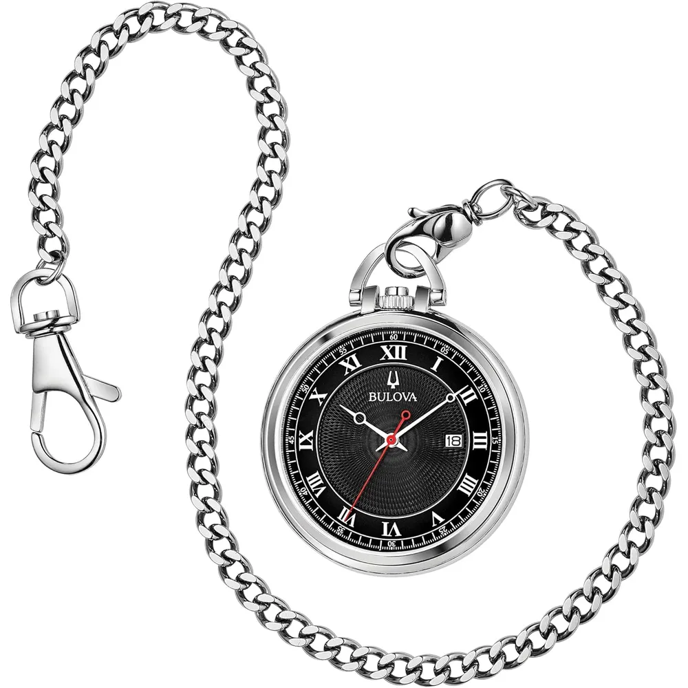 Bulova reloj de bolsillo clásico 3 agujas de cuarzo fecha cadena desmontable | Plateado/Negro