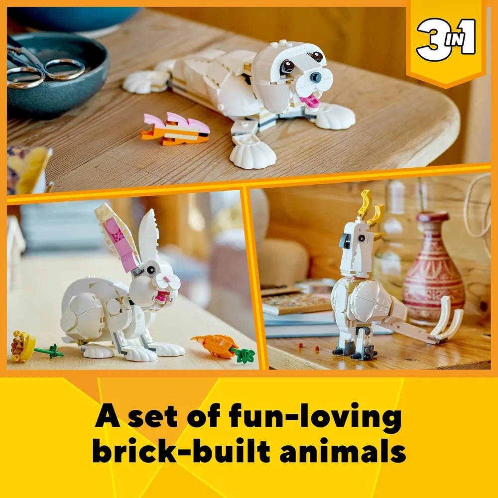 Lego Creator 3 en 1 conejo blanco se transforma en foca y loro juguete STEM