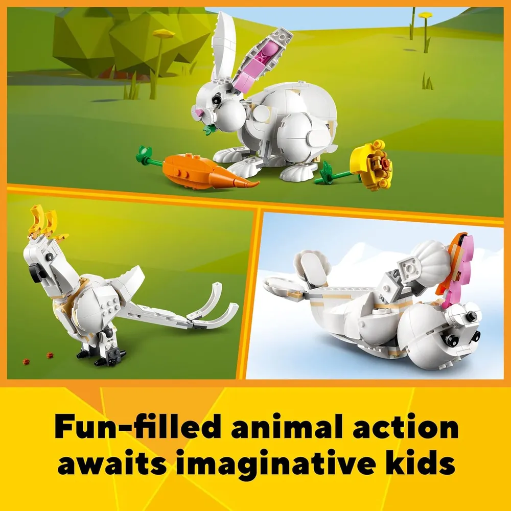 Lego Creator 3 en 1 conejo blanco se transforma en foca y loro juguete STEM