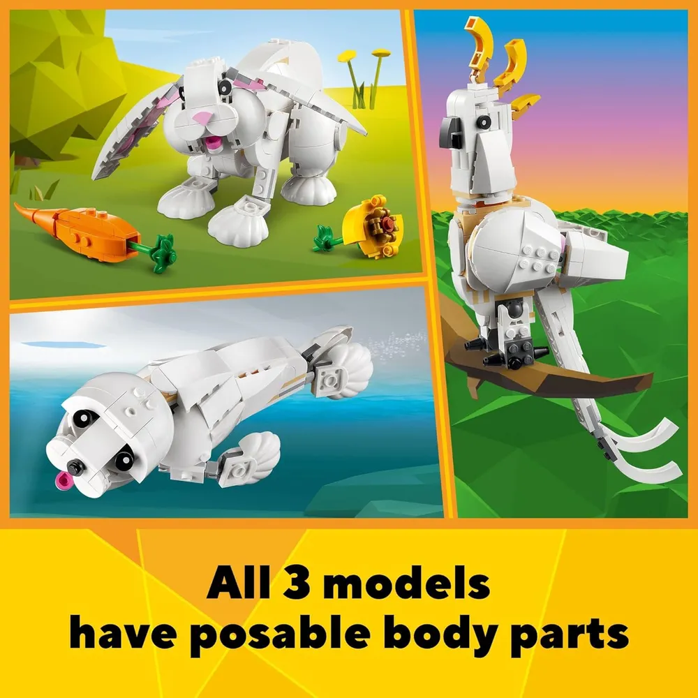 Lego Creator 3 en 1 conejo blanco se transforma en foca y loro juguete STEM
