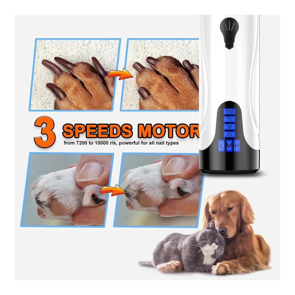 Yabife Molinillo de Uñas para Perros Kit Silencioso Recargable Aseo de Uñas y Garras 3 Velocidades 2 Ruedas de Molienda | Multicolor