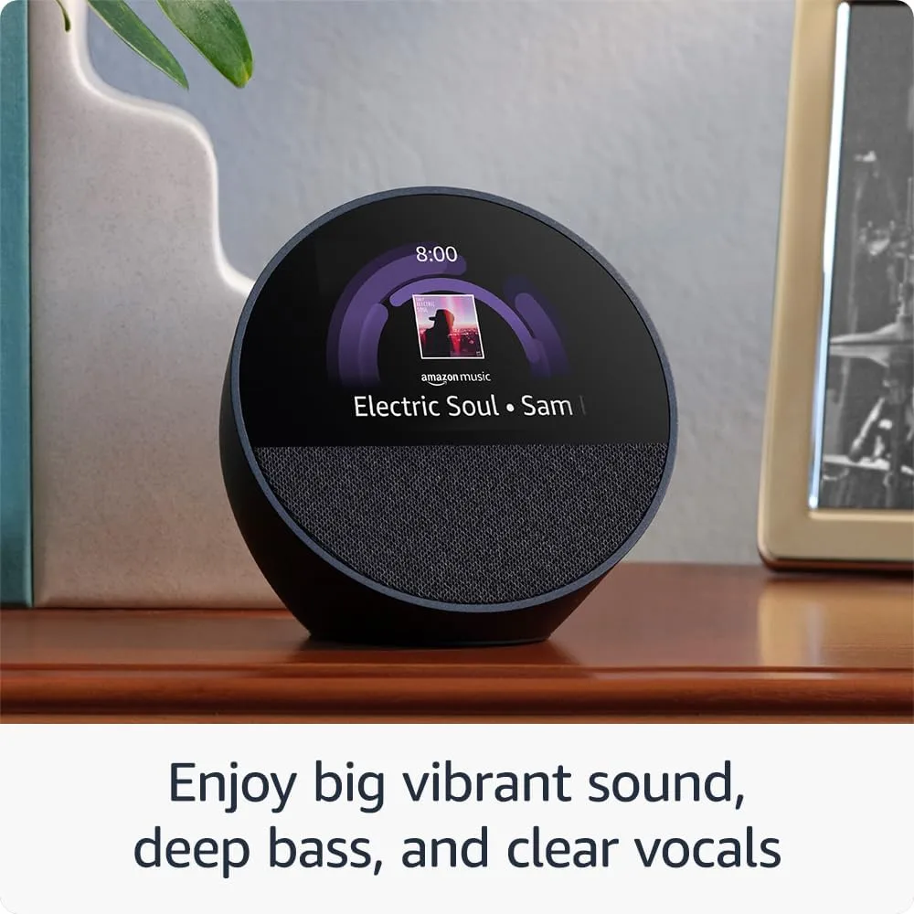PARLANTE INTELIGENTE AMAZON ECHO SPOT CON RELOJ 2024, CONTROL DE VOZ ALEXA | NEGRO