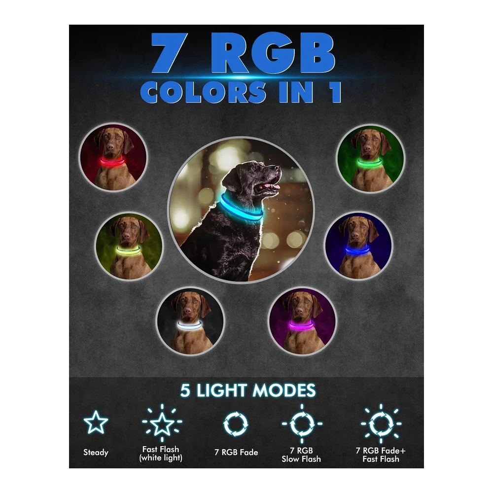 Petbank Collares de Perro con Luz Led - 1600 Pies de Alta Visibilidad - 7 Colores Rgb y 5 Modos de Luz - Collar de Perro Brillante - Recargable Por USB - Resistente Al Agua - para Perros Pequeños - Medianos y Grandes