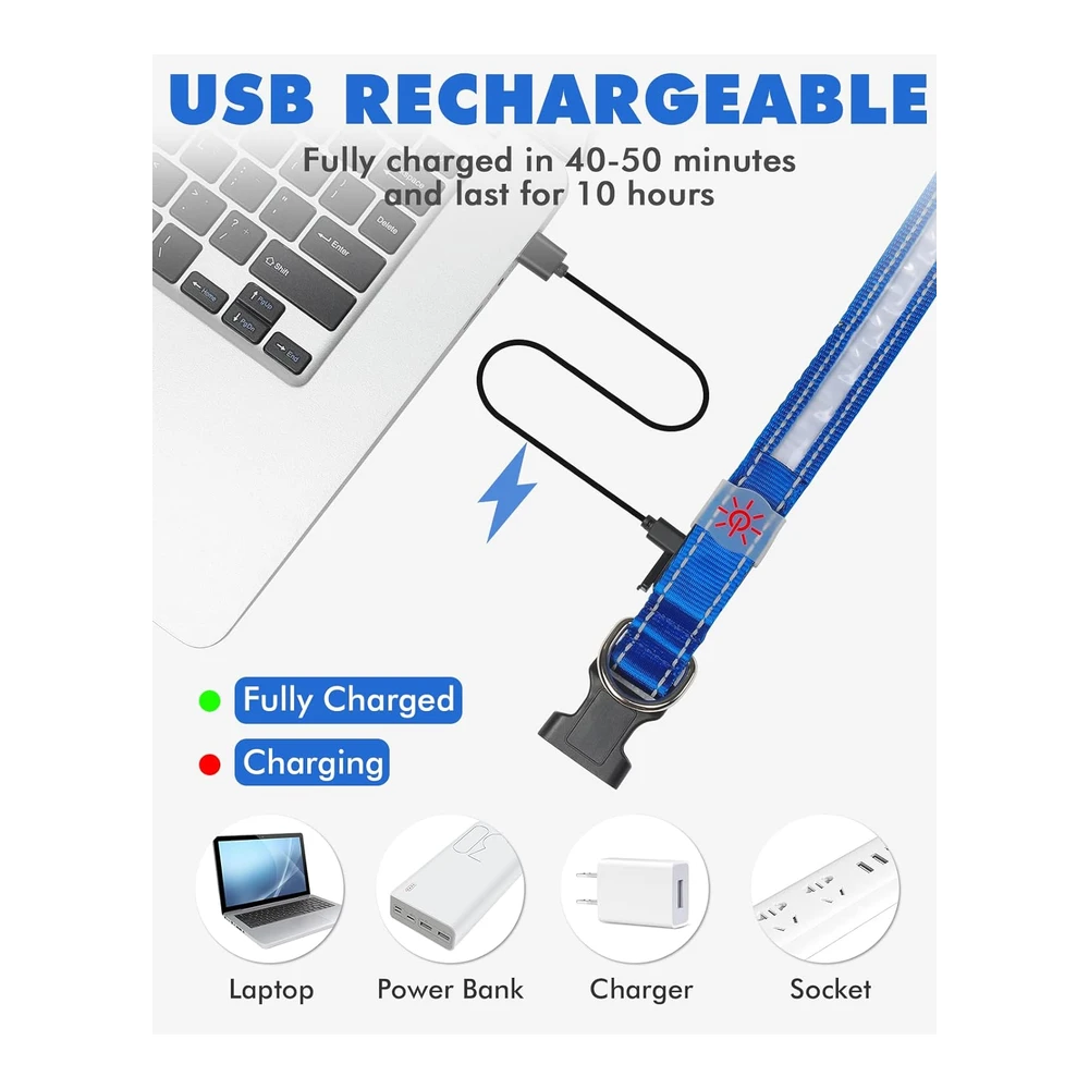 Petbank Collares de Perro con Luz Led - 1600 Pies de Alta Visibilidad - 7 Colores Rgb y 5 Modos de Luz - Collar de Perro Brillante - Recargable Por USB - Resistente Al Agua - para Perros Pequeños - Medianos y Grandes