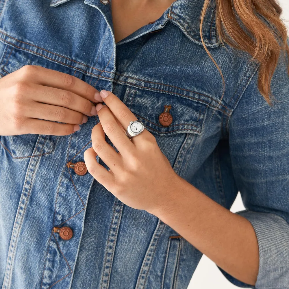 Fossil reloj anillo de cuarzo para mujer, acero inoxidable y dos agujas | Plata