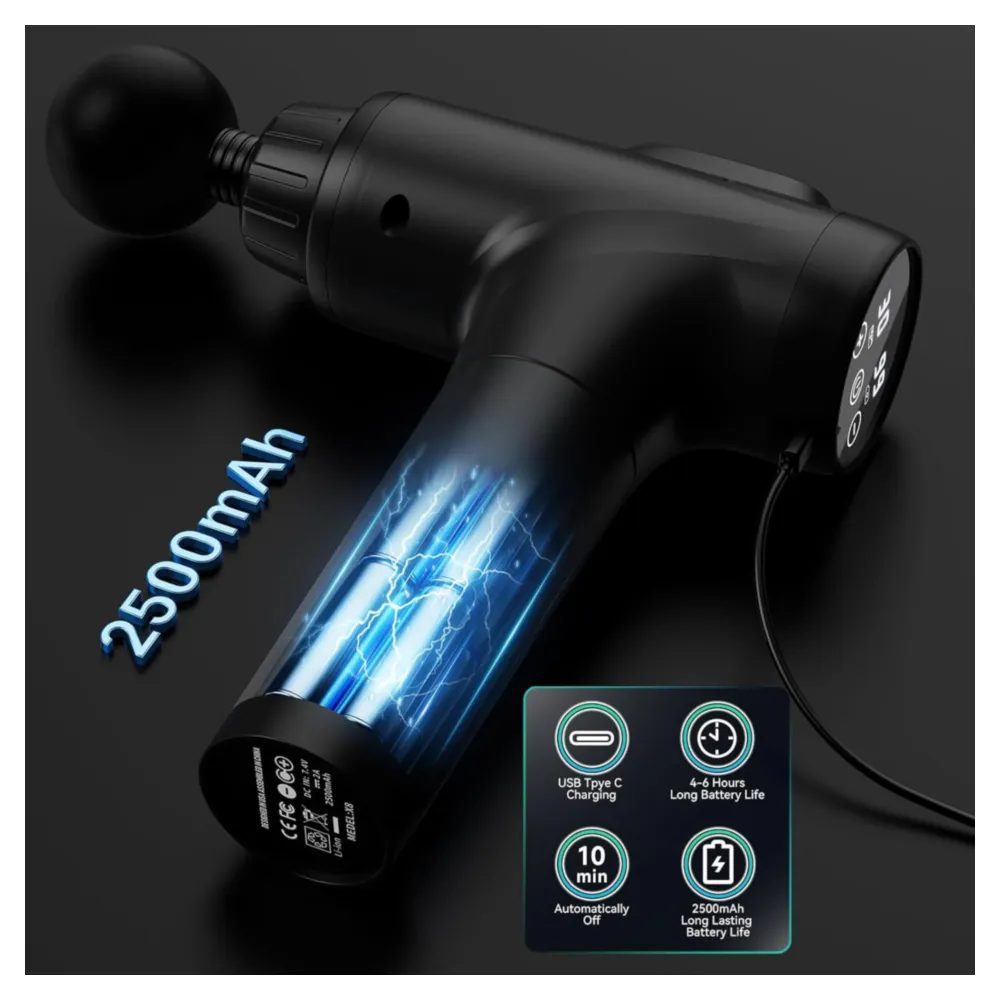 PISTOLA DE MASAJE MUSCULAR ELÉCTRICA, 30 NIVELES DE VELOCIDAD, NEGRO