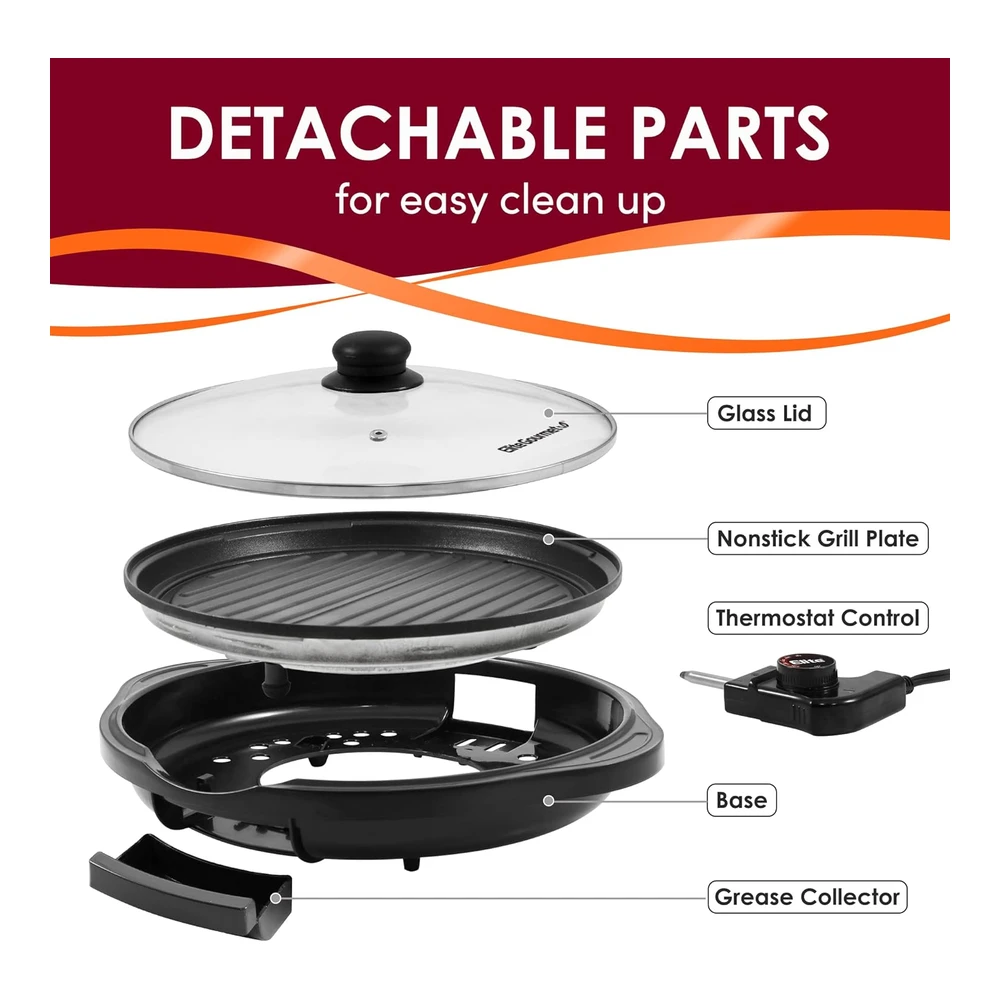 Elite Gourmet Emg1100 - Parrilla Eléctrica Antiadherente para Interiores - Apta para Lavavajillas - Tacto Fresco - Calentamiento Rápido - Ideal para Comidas Bajas En Grasa - Incluye Tapa de Vidrio Templado - 11" - Color Negro