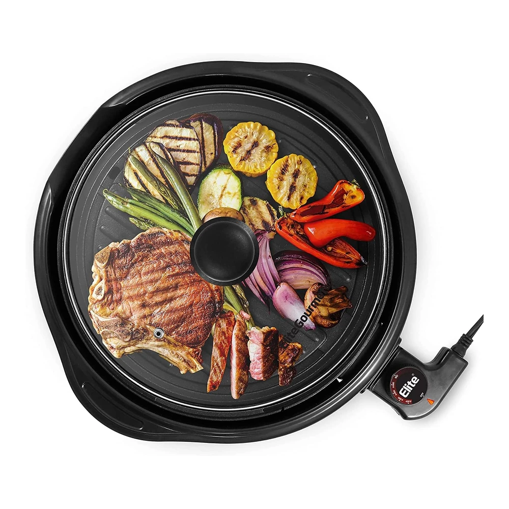 Elite Gourmet Emg1100 - Parrilla Eléctrica Antiadherente para Interiores - Apta para Lavavajillas - Tacto Fresco - Calentamiento Rápido - Ideal para Comidas Bajas En Grasa - Incluye Tapa de Vidrio Templado - 11" - Color Negro