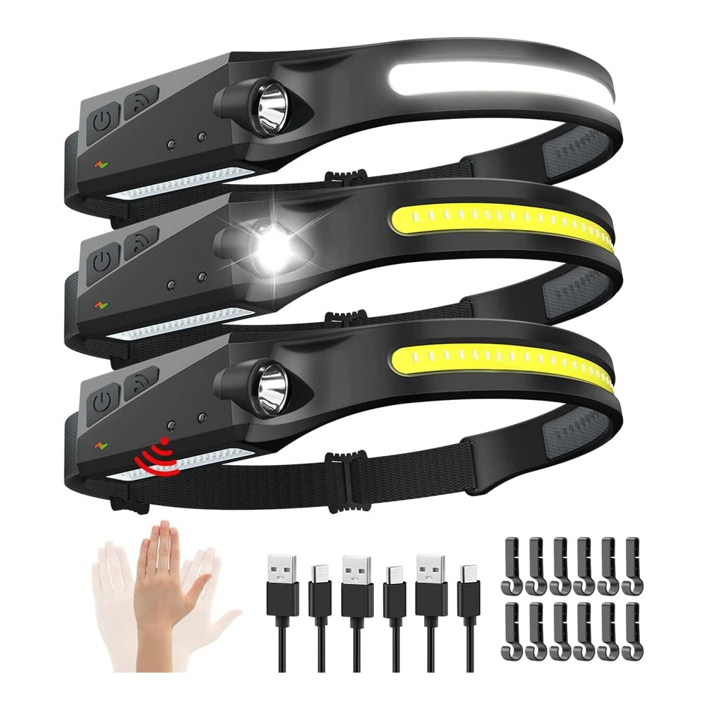 Linterna Frontal Recargable - 3 Unidades - Luz Led con Sensor de Movimiento de Haz Ancho de 230° - 5 Modos para Adultos - Luces de Cabeza Brillantes para Frente - Casco Duro - Accesorios de Campamento
