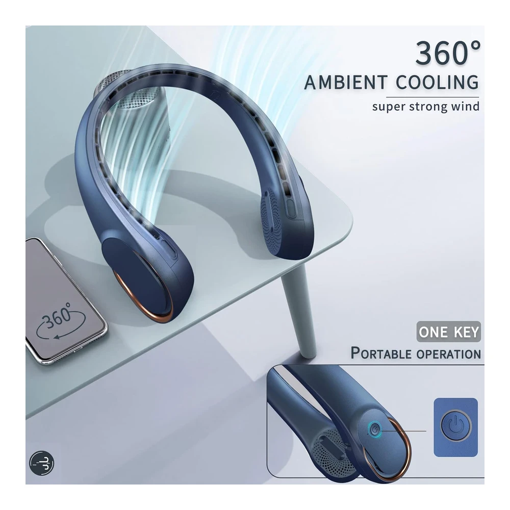 ASNUG VENTILADOR DE CUELLO USB – RECARGABLE 4000 MAH, 3 VELOCIDADES Y SILENCIOSO – PORTÁTIL