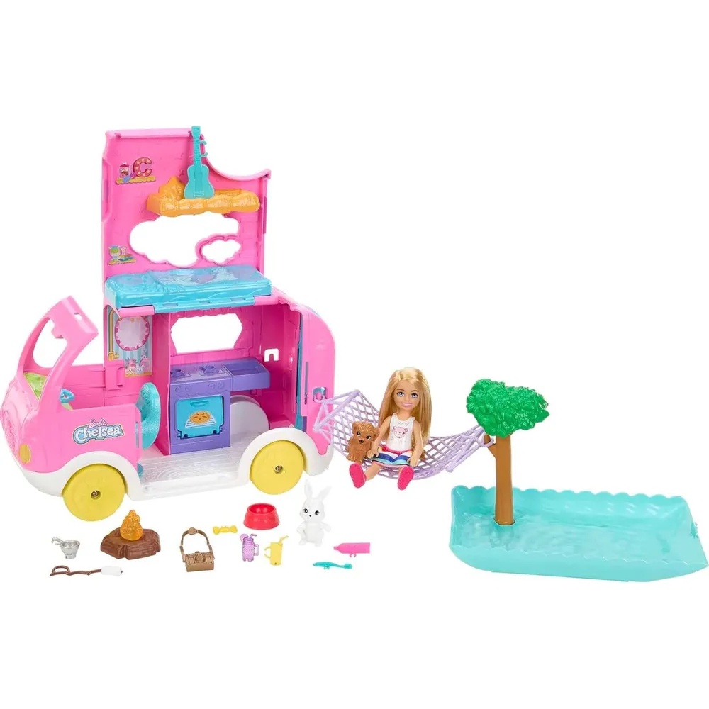 BARBIE CHELSEA AUTOCARAVANA 2 EN 1 CON MUÑECA Y MASCOTAS