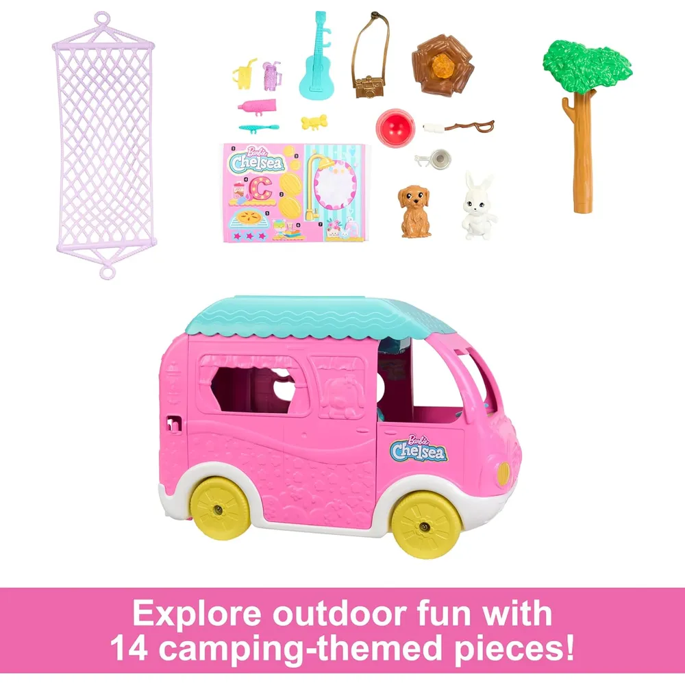 BARBIE CHELSEA AUTOCARAVANA 2 EN 1 CON MUÑECA Y MASCOTAS