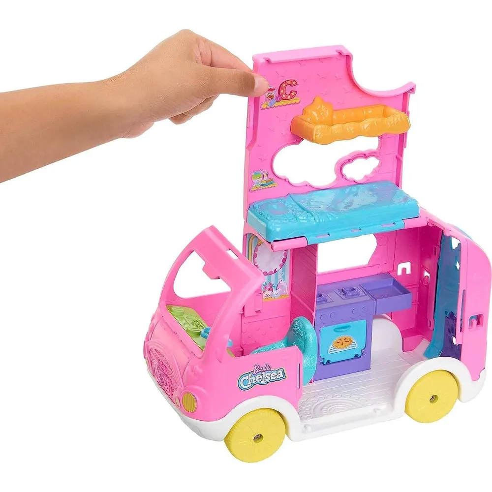 BARBIE CHELSEA AUTOCARAVANA 2 EN 1 CON MUÑECA Y MASCOTAS
