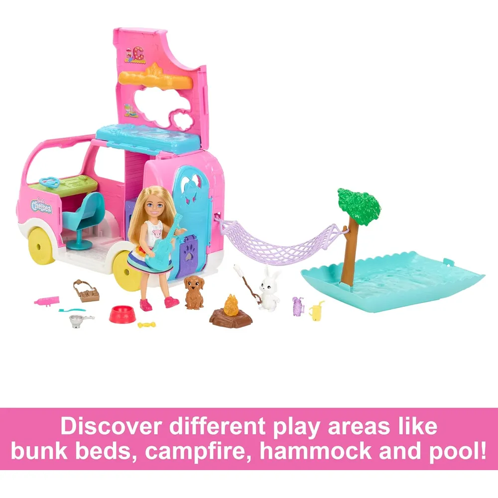 BARBIE CHELSEA AUTOCARAVANA 2 EN 1 CON MUÑECA Y MASCOTAS