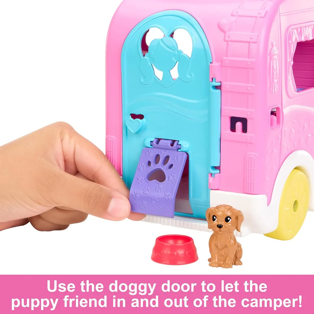 BARBIE CHELSEA AUTOCARAVANA 2 EN 1 CON MUÑECA Y MASCOTAS