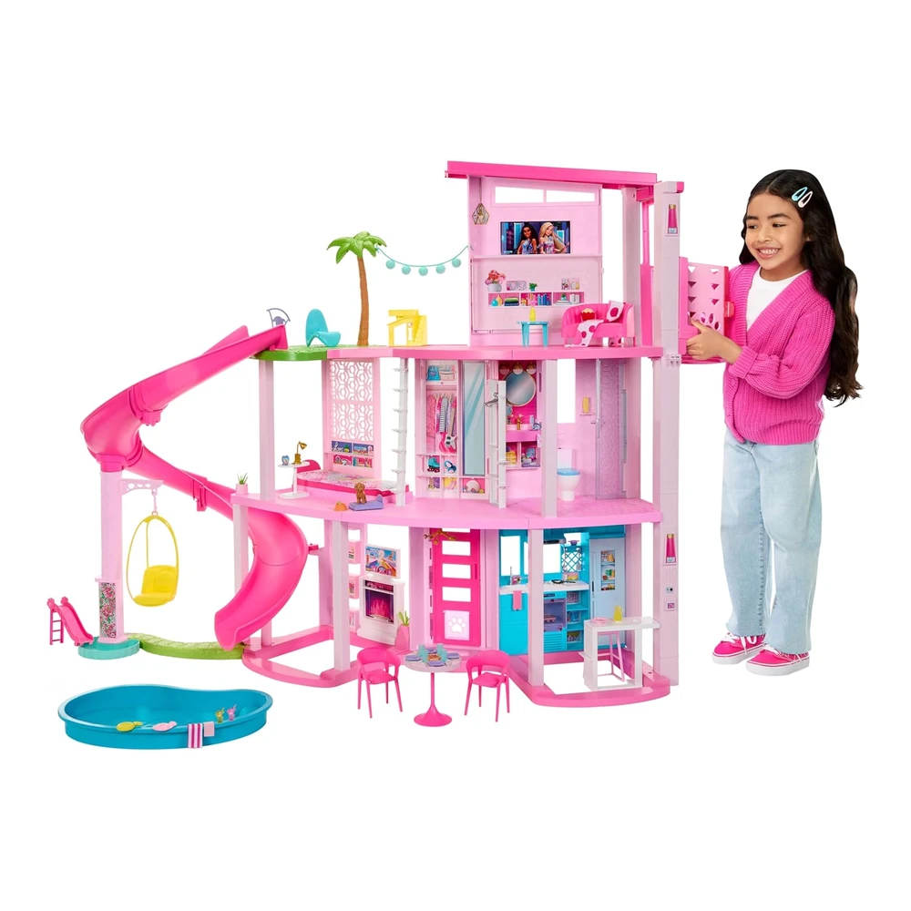 Barbie Dreamhouse 2023, Casa de Muñeca para Fiesta En La Piscina con + de 75 Pieza y Tobogán, Elevador de Mascotas y Áreas de Juego