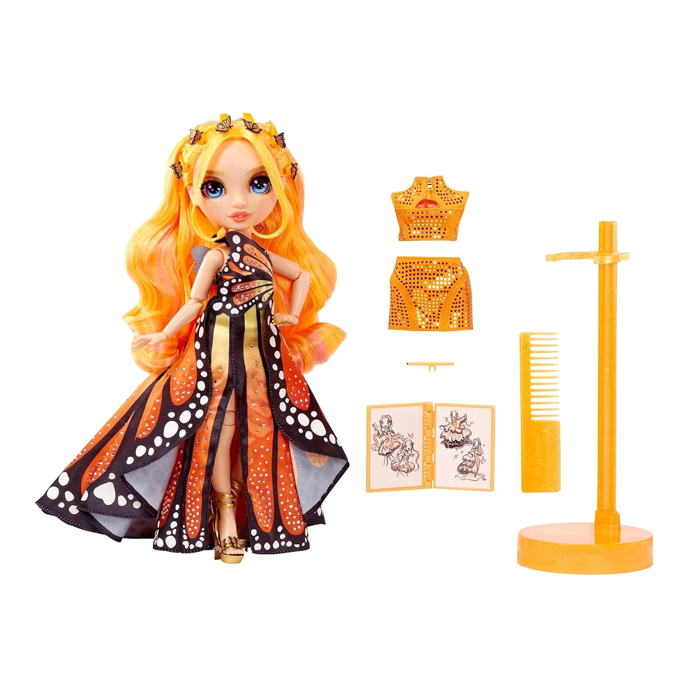 Rainbow High Fantastic Fashion Poppy Rowan - Muñeca Naranja de 11' y Juego con 2 Trajes Completos de Muñeca y Accesorios