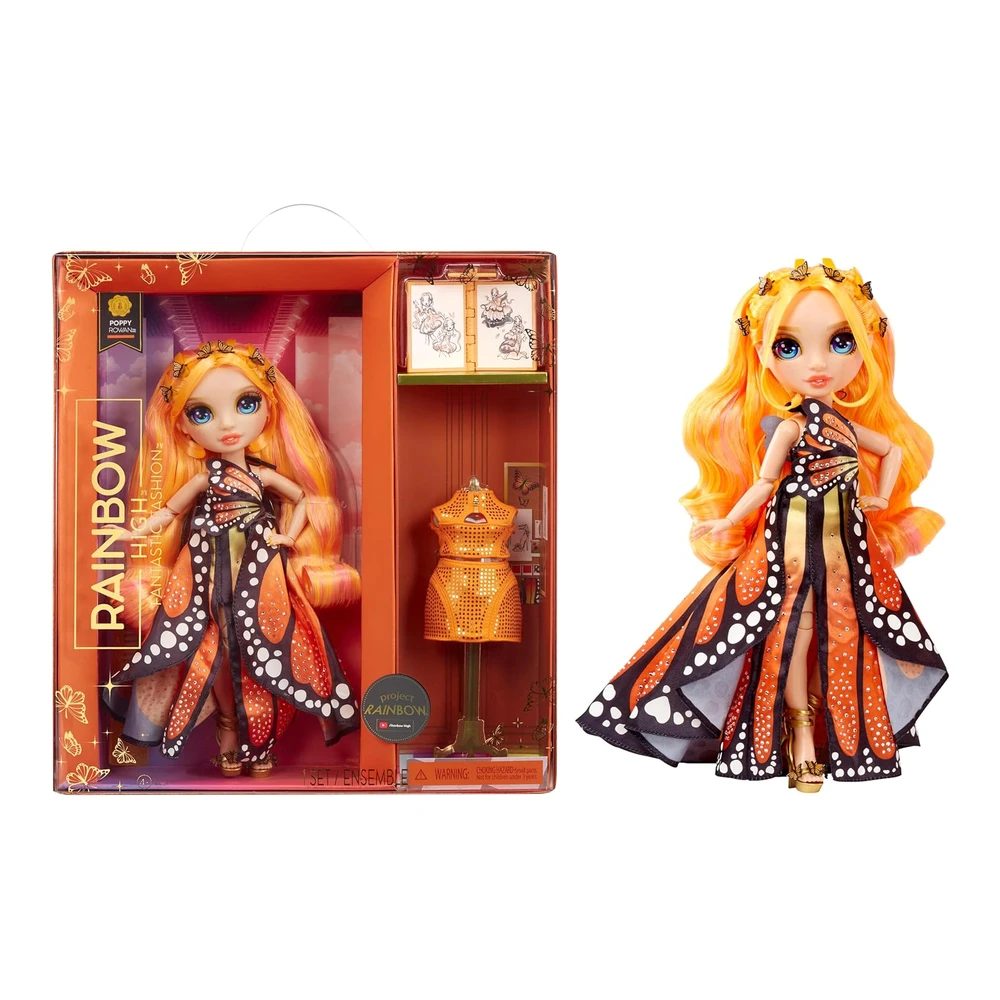 Rainbow High Fantastic Fashion Poppy Rowan - Muñeca Naranja de 11' y Juego con 2 Trajes Completos de Muñeca y Accesorios