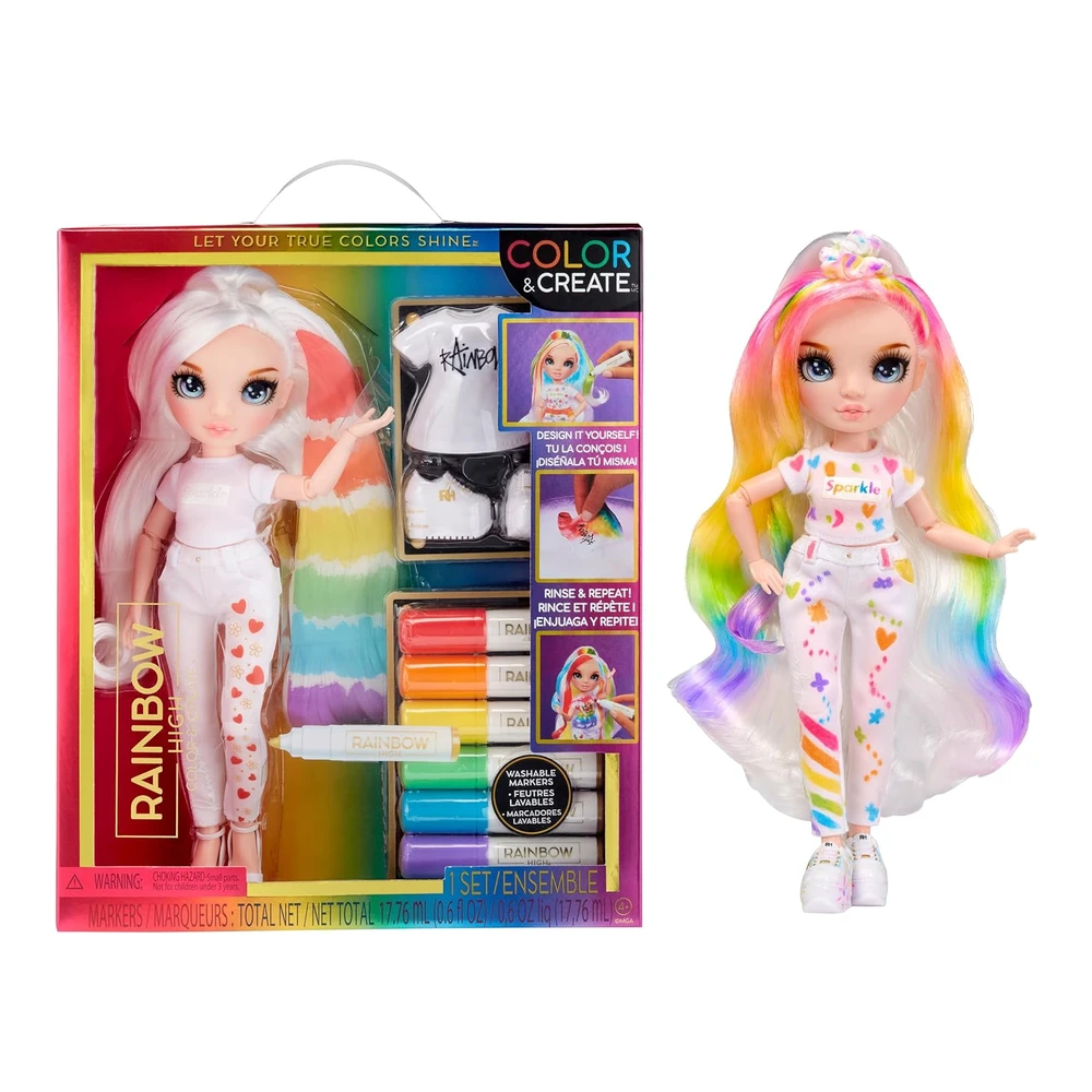 Rainbow High Colorea y Crea Moda Diy Muñeca con Marcadores de Arco Iris Lavables - Ojos Azules, Pelo Liso, Top y Zapatos Adicionales
