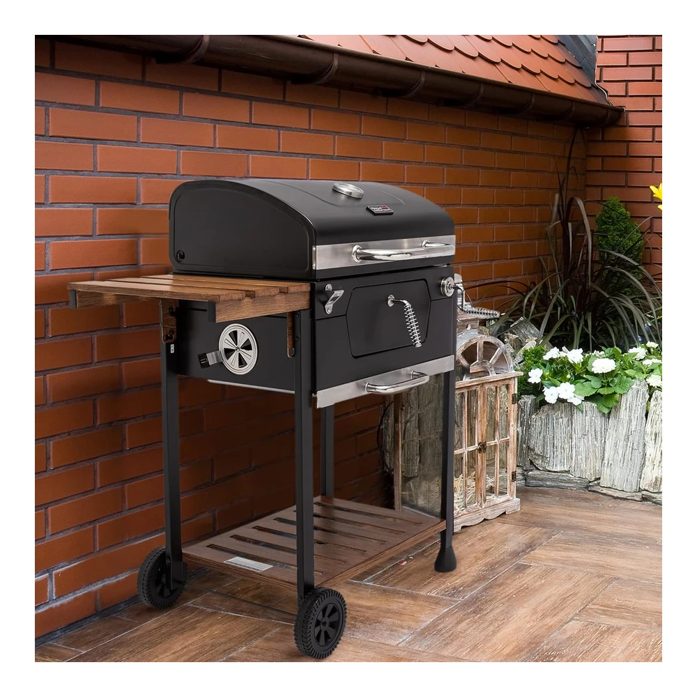 Royal Gourmet Cd1824m - Parrilla de Carbón de 24" - Ahumador de Barbacoa con Mango y Mesa Plegable - Perfecto para Patio Al Aire Libre - Jardín y Parrilla - Negro - Mediano