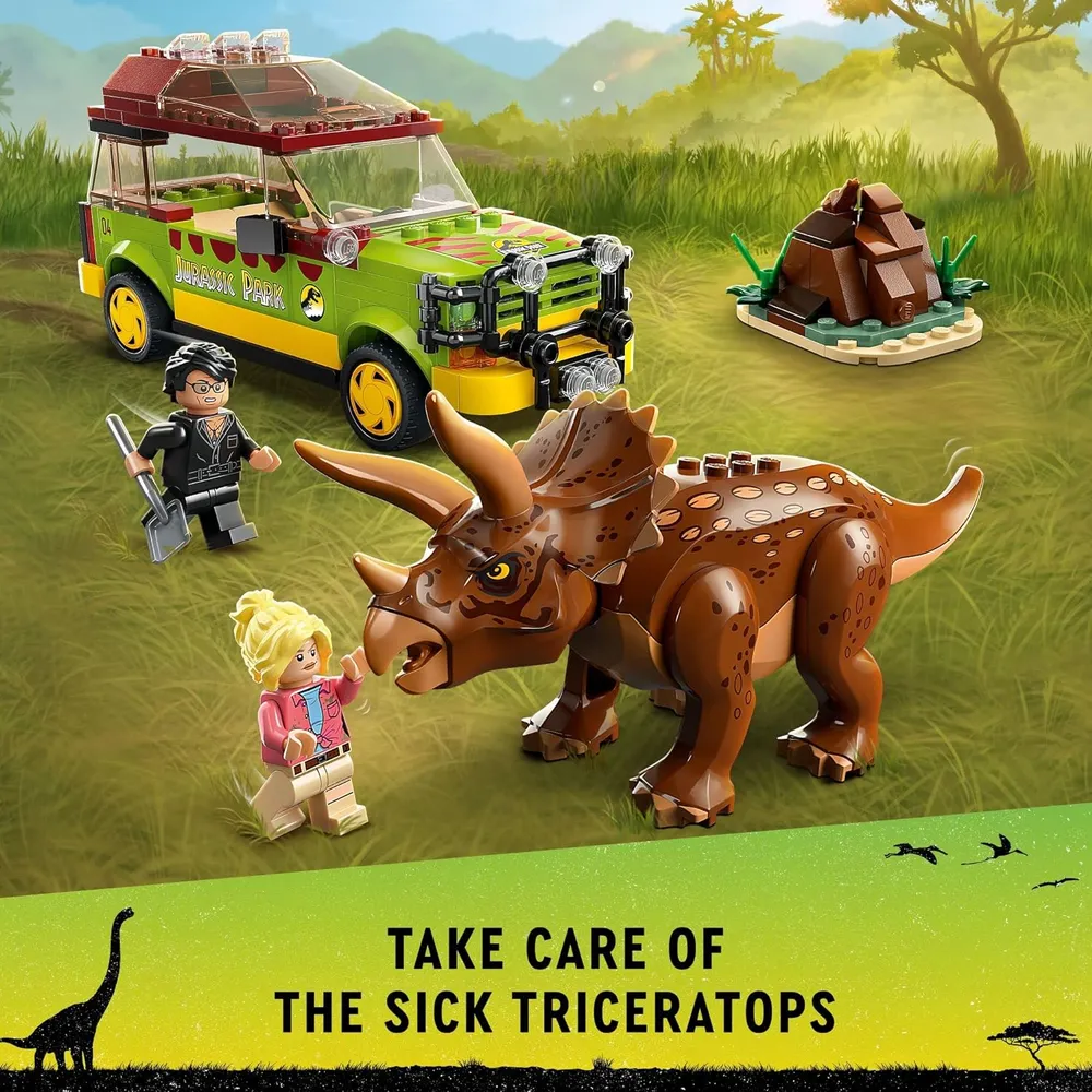 Lego Jurassic Park investigación del Triceratops set con coche y dinosaurio