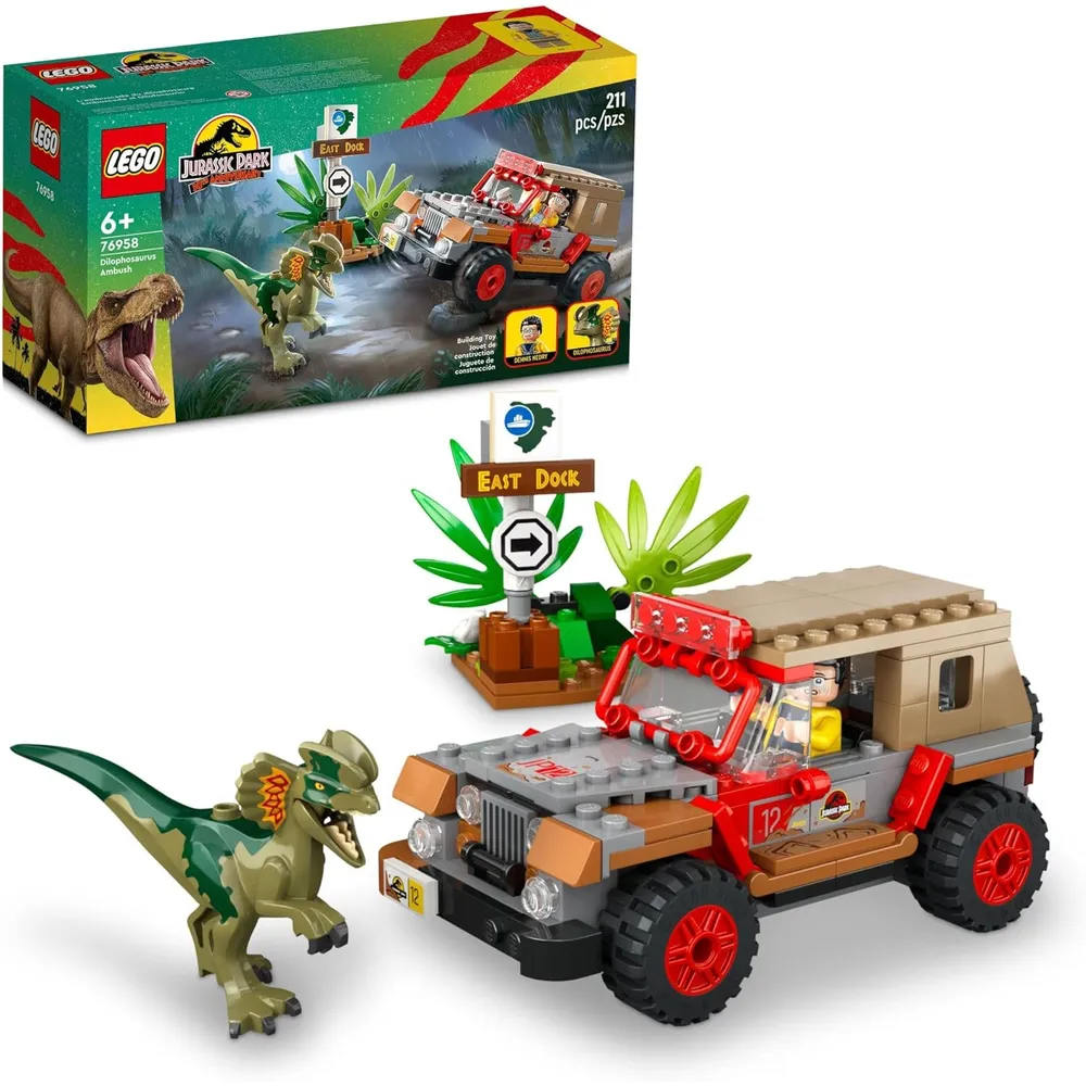 Lego Jurassic Park emboscada del Dilofosaurio set con dinosaurio y jeep