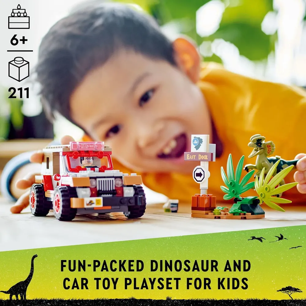Lego Jurassic Park emboscada del Dilofosaurio set con dinosaurio y jeep