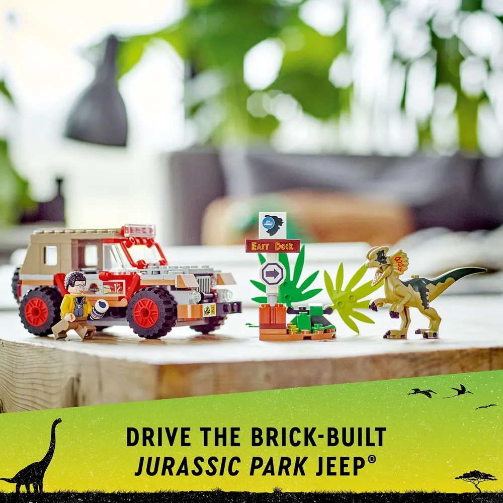Lego Jurassic Park emboscada del Dilofosaurio set con dinosaurio y jeep