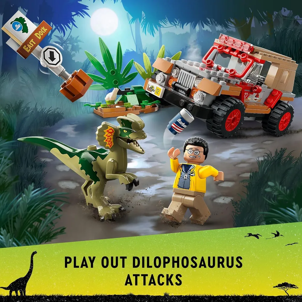 Lego Jurassic Park emboscada del Dilofosaurio set con dinosaurio y jeep