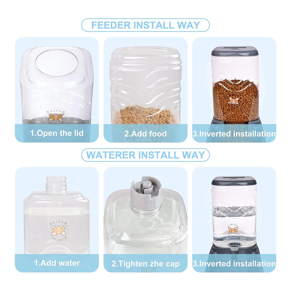 Elevon Juego de Dispensador Automático de Alimentos y Agua Por Gravedad para Perros y Gatos con Cuenco de Comida para Mascotas - Alimentador Automático para Perros y Gatos y Dispensador de Agua para Mascotas Pequeñas y Grandes - Cachorros - Gatitos de Gran Capacidad (Gris - 3.8 L)