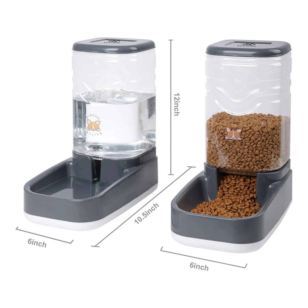 Elevon Juego de Dispensador Automático de Alimentos y Agua Por Gravedad para Perros y Gatos con Cuenco de Comida para Mascotas - Alimentador Automático para Perros y Gatos y Dispensador de Agua para Mascotas Pequeñas y Grandes - Cachorros - Gatitos de Gran Capacidad (Gris - 3.8 L)