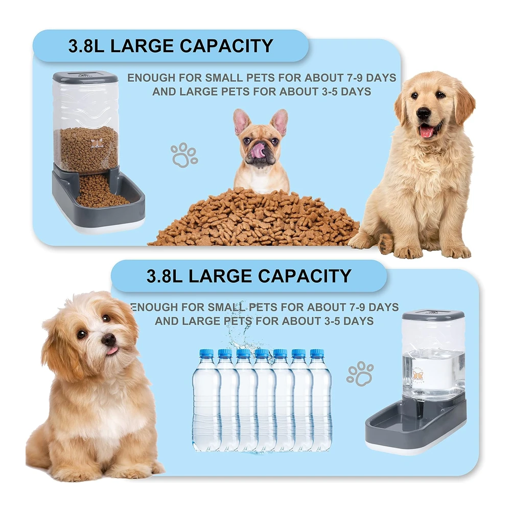 Elevon Juego de Dispensador Automático de Alimentos y Agua Por Gravedad para Perros y Gatos con Cuenco de Comida para Mascotas - Alimentador Automático para Perros y Gatos y Dispensador de Agua para Mascotas Pequeñas y Grandes - Cachorros - Gatitos de Gran Capacidad (Gris - 3.8 L)