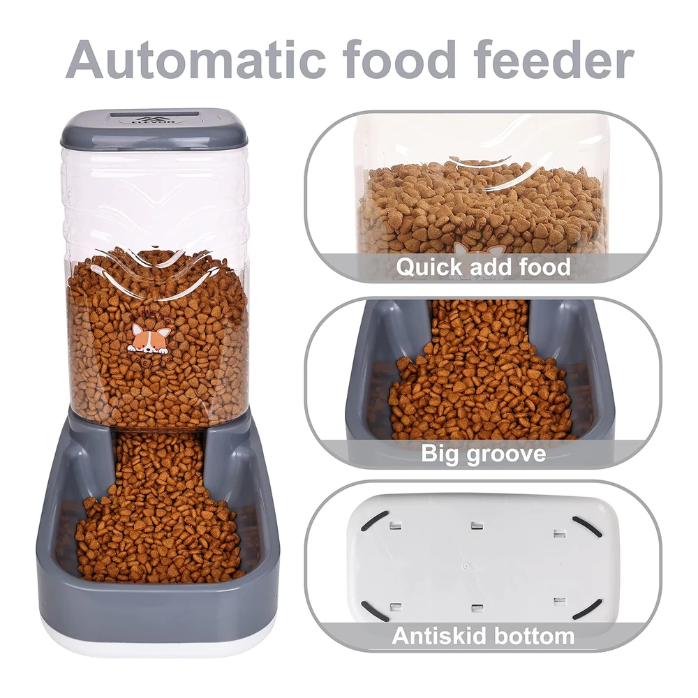 Elevon Juego de Dispensador Automático de Alimentos y Agua Por Gravedad para Perros y Gatos con Cuenco de Comida para Mascotas - Alimentador Automático para Perros y Gatos y Dispensador de Agua para Mascotas Pequeñas y Grandes - Cachorros - Gatitos de Gran Capacidad (Gris - 3.8 L)