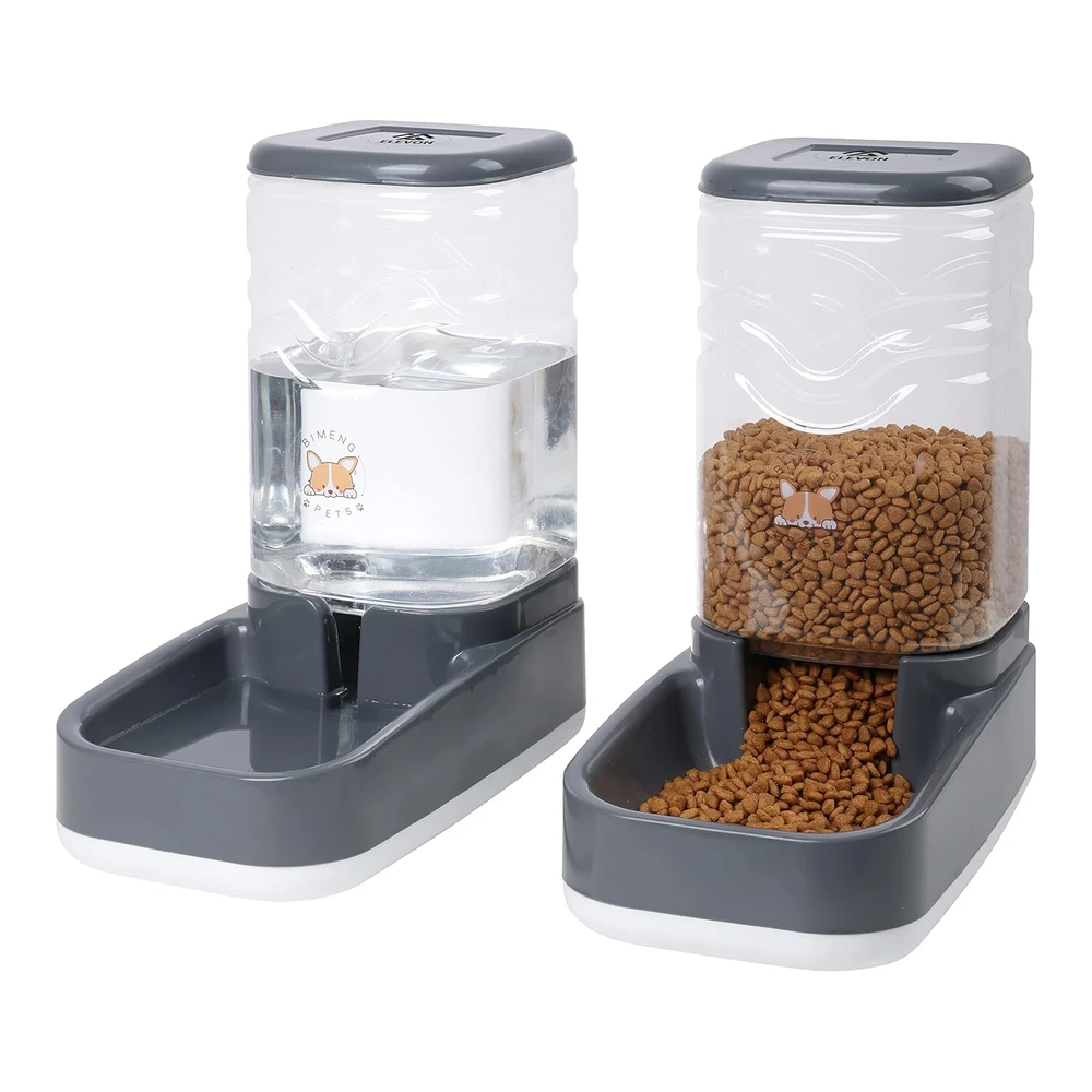 Elevon Juego de Dispensador Automático de Alimentos y Agua Por Gravedad para Perros y Gatos con Cuenco de Comida para Mascotas - Alimentador Automático para Perros y Gatos y Dispensador de Agua para Mascotas Pequeñas y Grandes - Cachorros - Gatitos de Gran Capacidad (Gris - 3.8 L)
