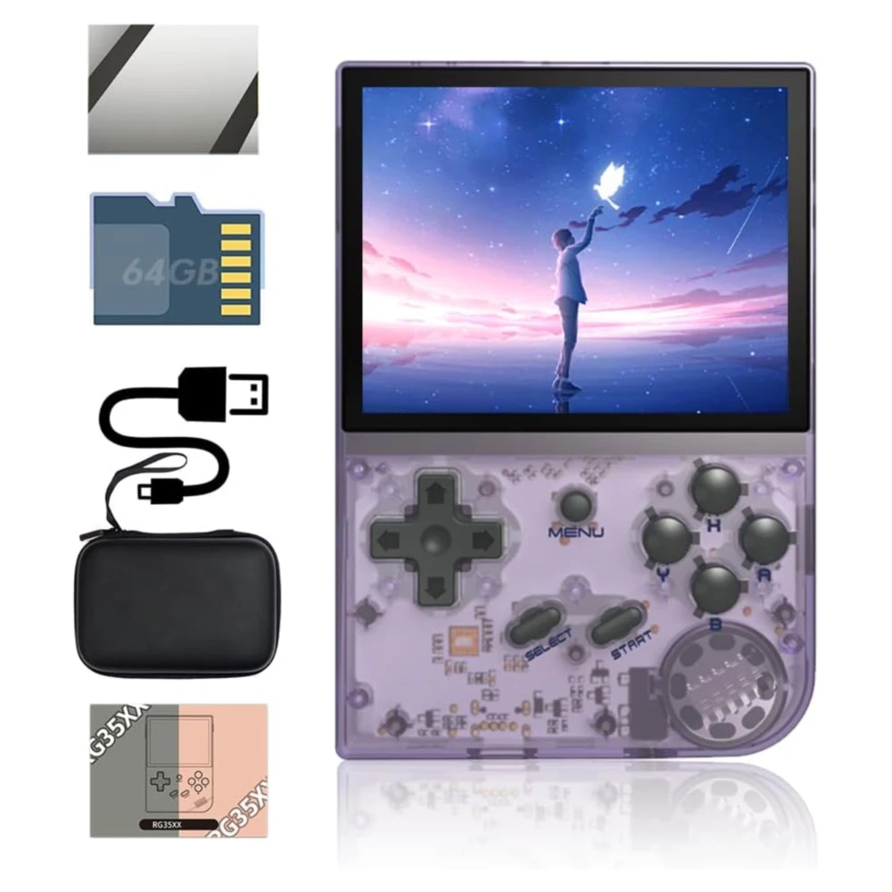 CONSOLA PORTÁTIL RETRO ANBERNIC RG35XX 3.5'' 64GB | MORADO TRANSPARENTE