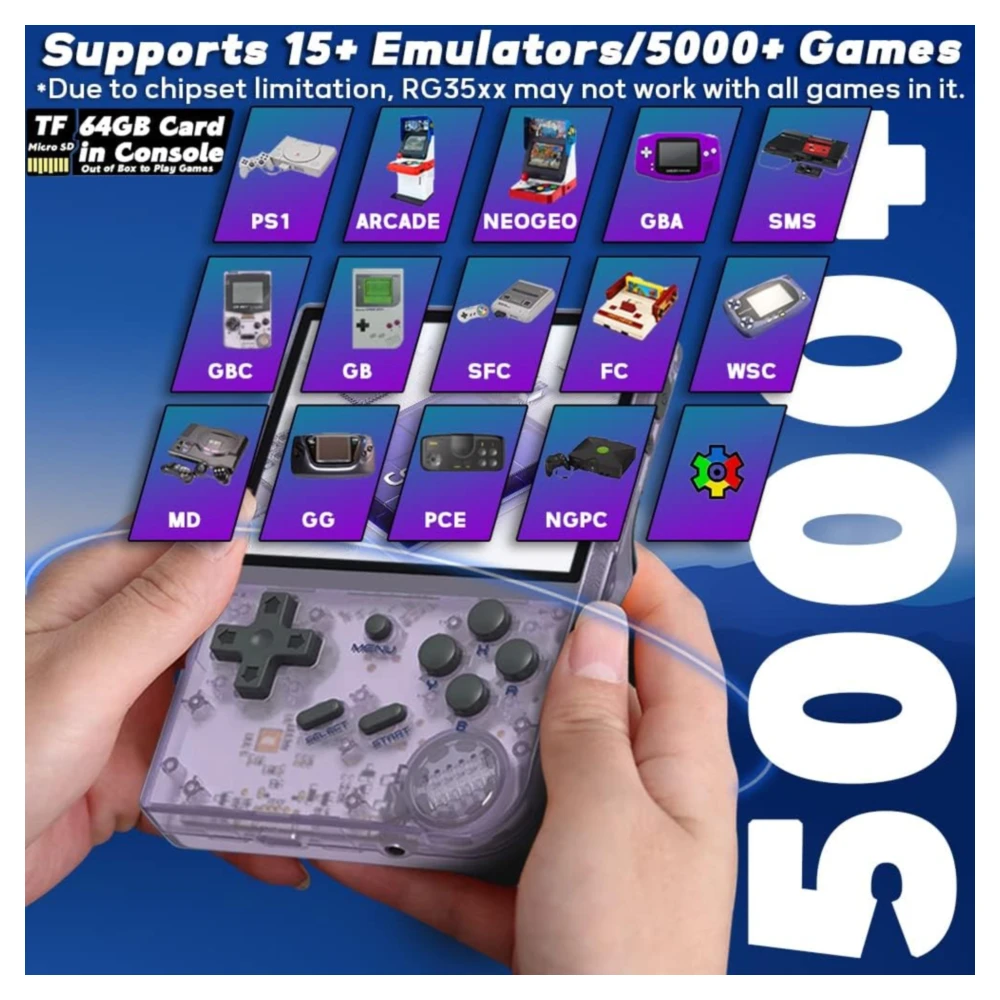 CONSOLA PORTÁTIL RETRO ANBERNIC RG35XX 3.5'' 64GB | MORADO TRANSPARENTE