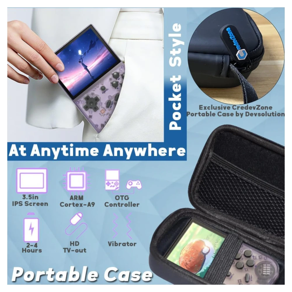 CONSOLA PORTÁTIL RETRO ANBERNIC RG35XX 3.5'' 64GB | MORADO TRANSPARENTE