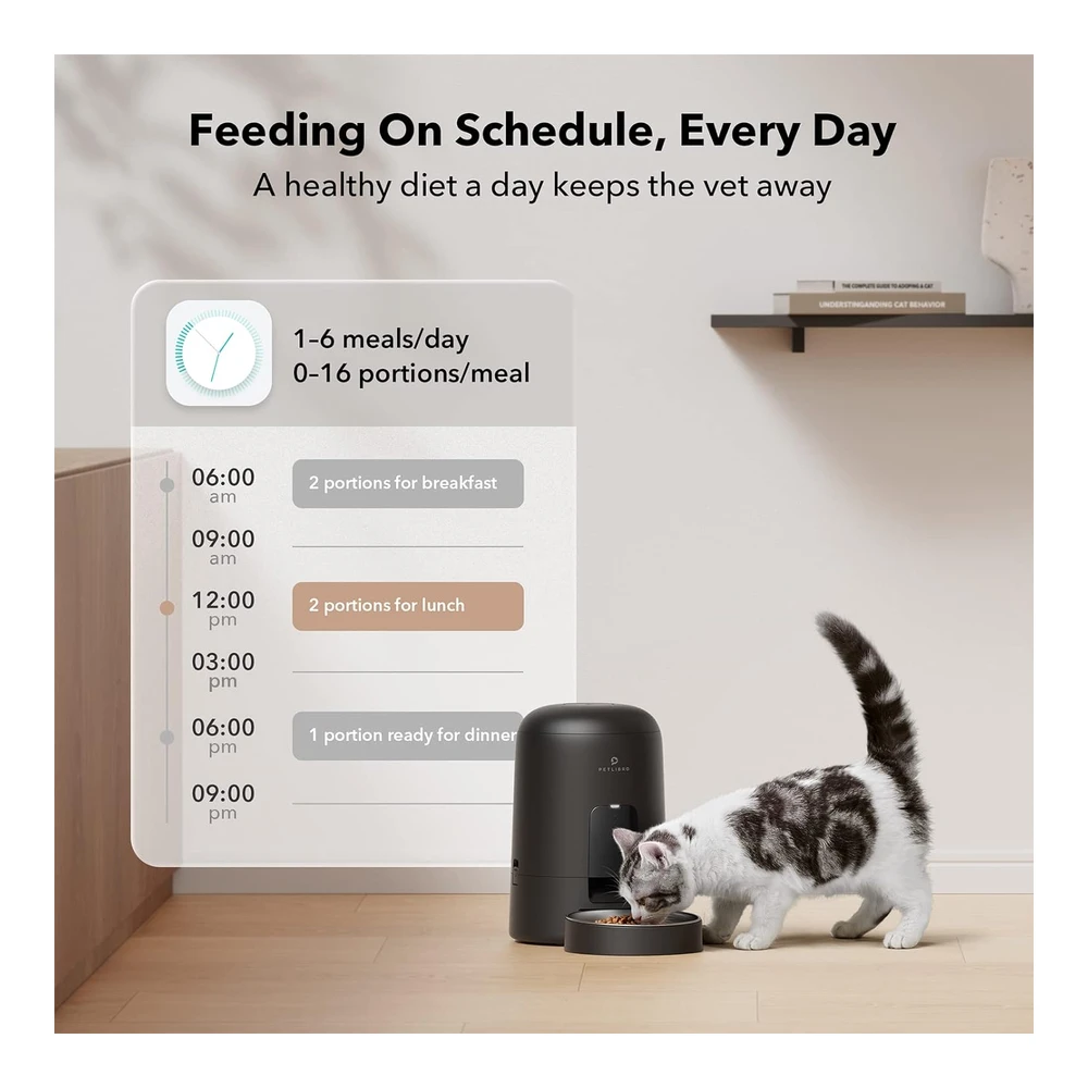 Petlibro Dispensador Automático de Comida Batería con 180 Días de Duración Alimentación Cronometrado Control de Comidas 2 L | Negro