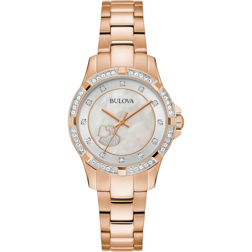 Bulova reloj clásico de mujer 3 agujas de cuarzo cristales esfera de nácar | Oro Rosa