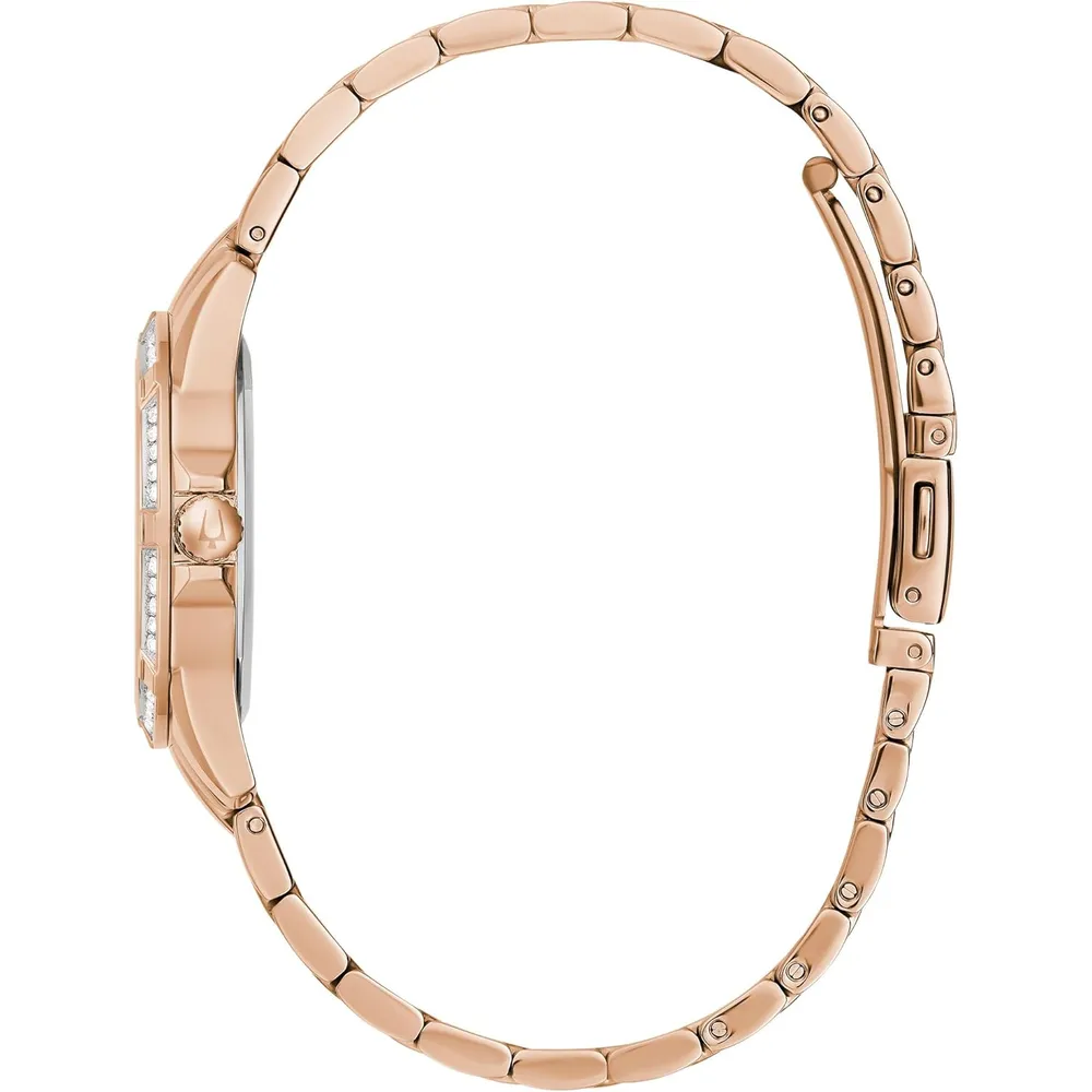 Bulova reloj clásico de mujer 3 agujas de cuarzo cristales esfera de nácar | Oro Rosa
