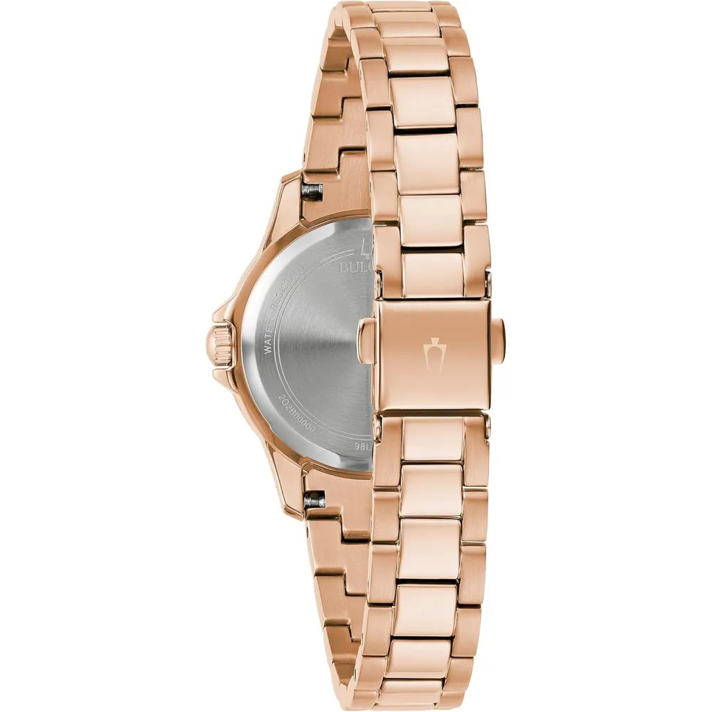 Bulova reloj clásico de mujer 3 agujas de cuarzo cristales esfera de nácar | Oro Rosa