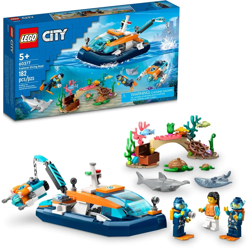 Lego City barco de buceo explorador con arrecife de coral, minisubmarino y figuras