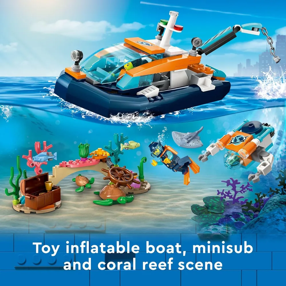Lego City barco de buceo explorador con arrecife de coral, minisubmarino y figuras