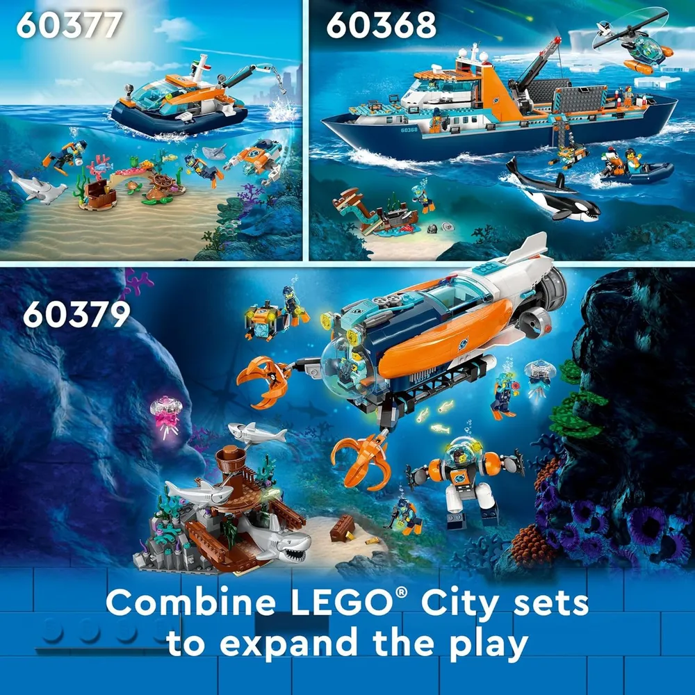 Lego City barco de buceo explorador con arrecife de coral, minisubmarino y figuras