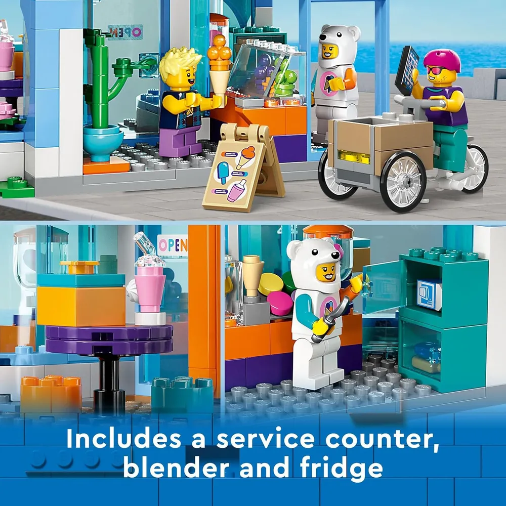 Heladería Lego City set de construcción con bicicleta de carga, minifiguras y accesorios