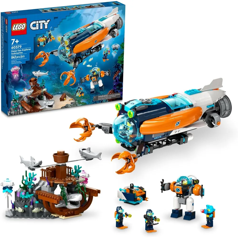 Lego City submarino explorador de aguas profundas set de construcción con tiburones y minifiguras