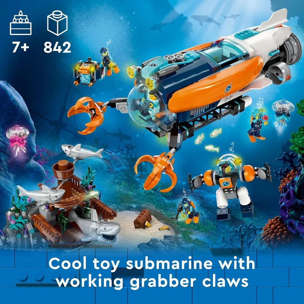Lego City submarino explorador de aguas profundas set de construcción con tiburones y minifiguras